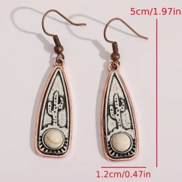 Western Cactus Howlite Drop Earrings, Rustic Southwestern Style antique finish - Picture 3 of 3